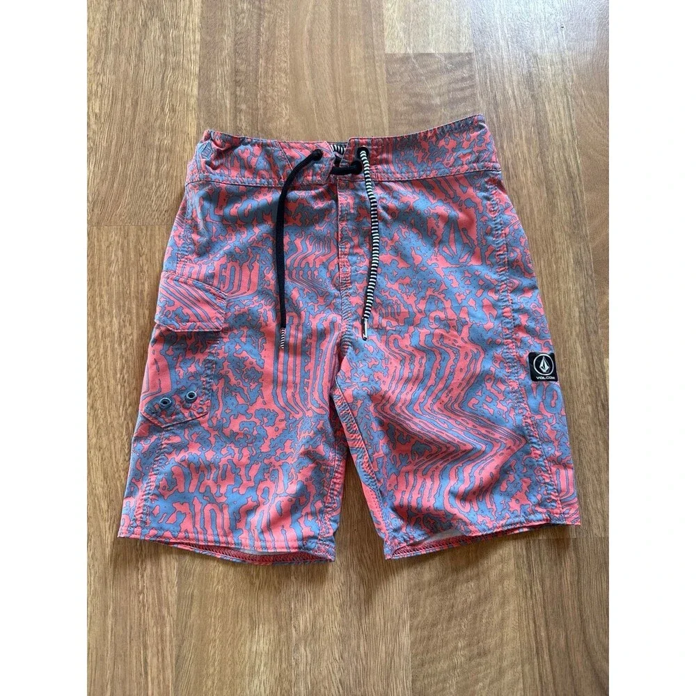 Volcom Board Shorts Pink Blue Pattern Boys adjustable Swim Trunks